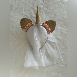 Unicorn Headband with Gold Horn and Pink Flowers